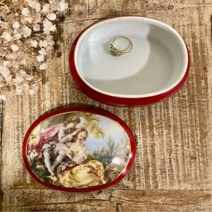 Limoges China Trinket Box with Rococo Couple – Red & Gold Oval Shaped
